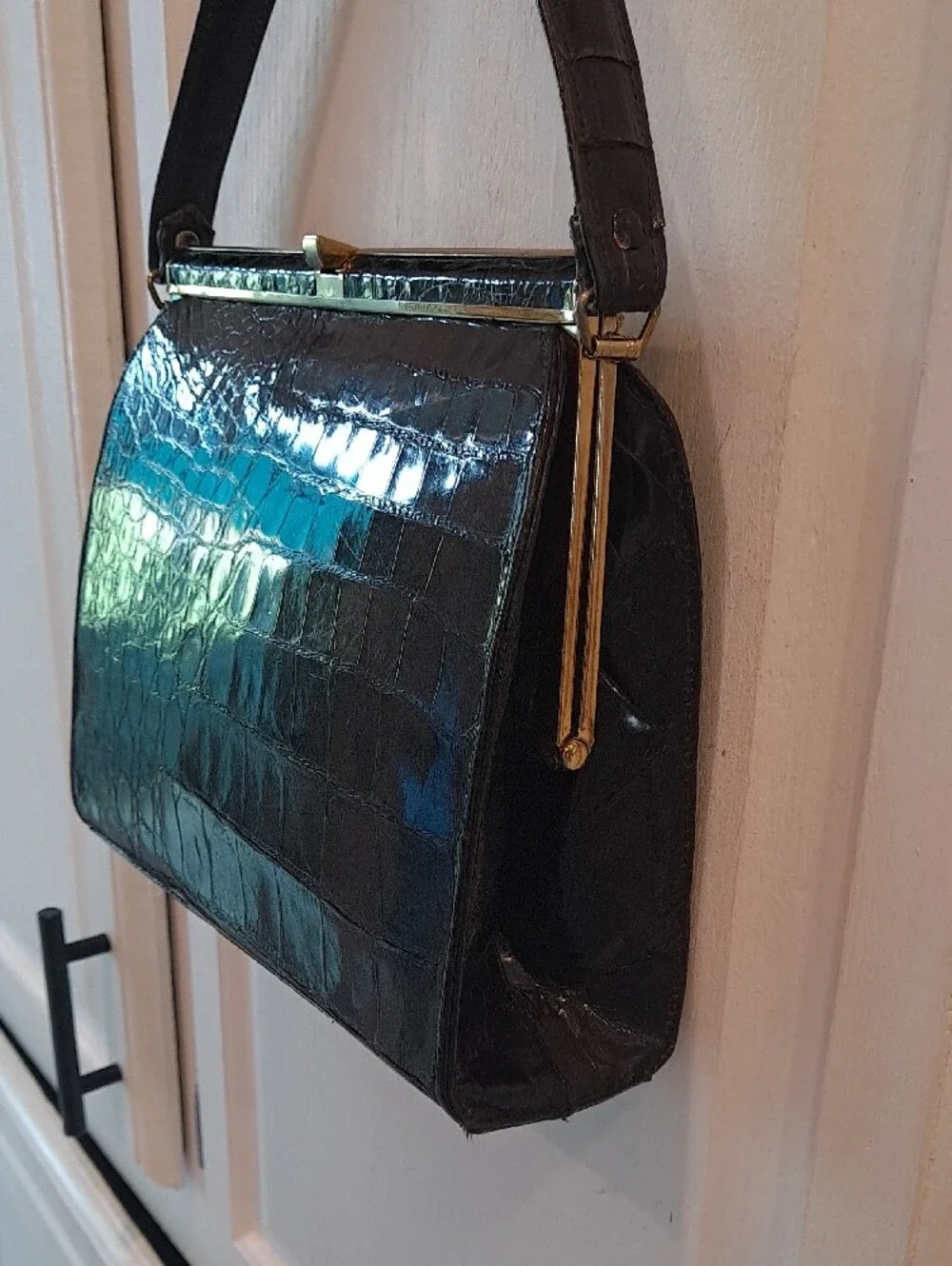 JP Allen Atlanta Vintage 50s Classic Black Genuine Croc Skin Top-Handle Satchel